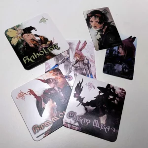 Coasters displaying job artworks, as well as fridge magnets in eorzea cafe